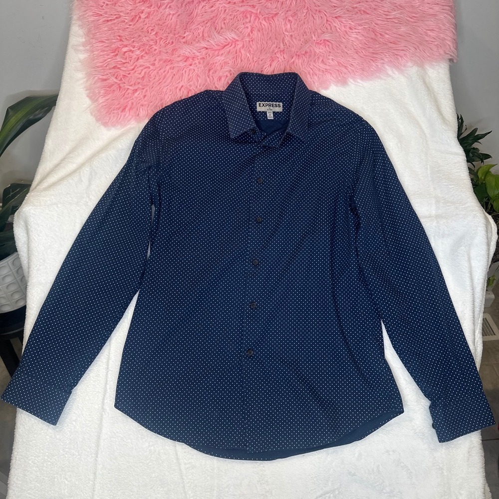 Express Fitted Mens Navy Blue Polka Dot Long Sleeve Button Down Shirt Small S - Picture 2 of 7